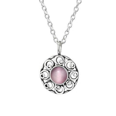 Silver Light Pink Cat Eye Flower Necklace