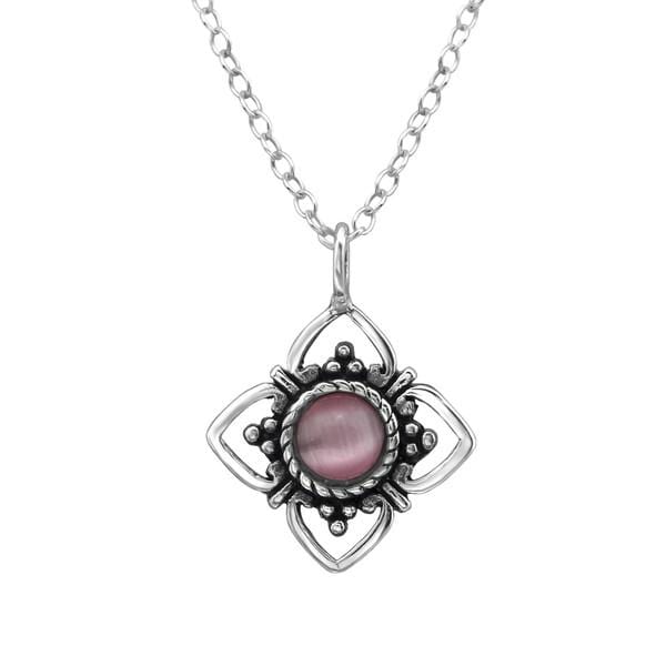 Silver Light Pink Cat Eye Flower Necklace