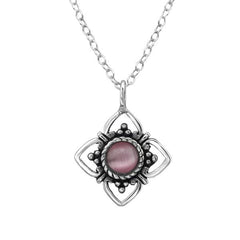 Silver Light Pink Cat Eye Flower Necklace