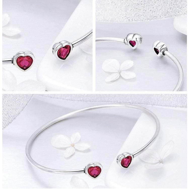 Sterling Silver Women Cuff Red CZ Bangle Bracelet