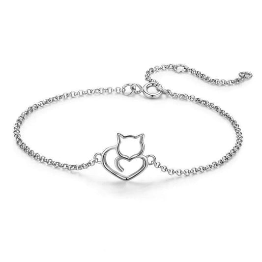 Sterling Silver Cat And Heart Bangle Bracelet