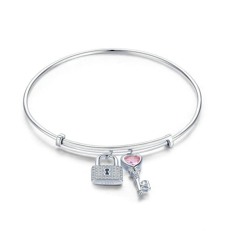 Sterling Silver Lock & Heart Bangle Bracelet