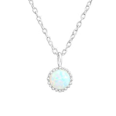 Silver Round Fire Snow Opal Necklace