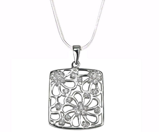 Silver FLOWER RECTANGLE Pendant Necklace