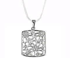 Silver FLOWER RECTANGLE Pendant Necklace