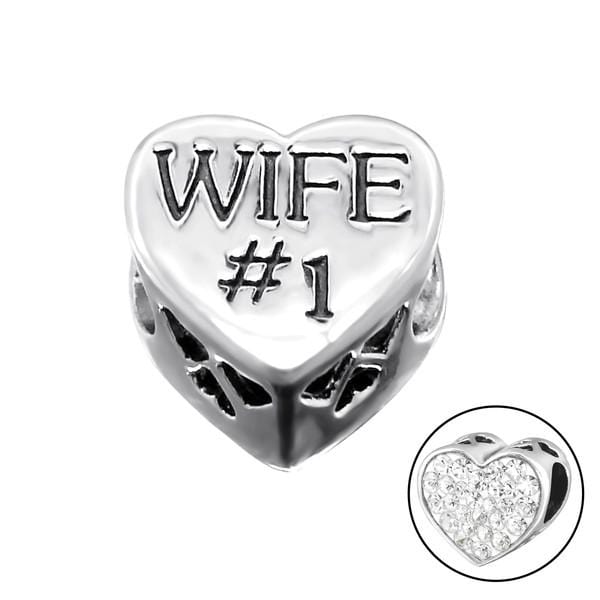 Silver Crystal Heart Wife Charm Bead
