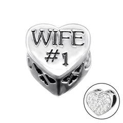 Silver Crystal Heart Wife Charm Bead