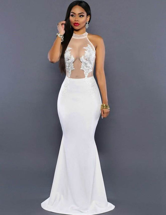 White Transparent Mesh Applique Maxi