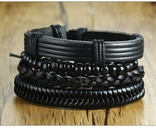 4 Piece Set Handmade Black Adjustable Mens Bracelet Set