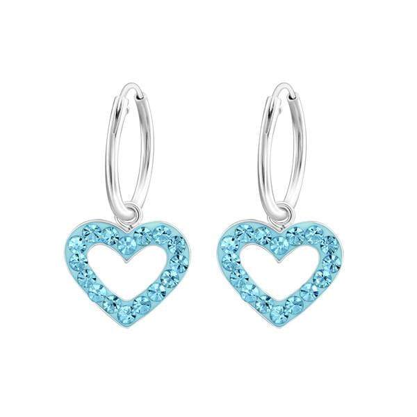 Children's Silver Hanging Heart Aqua Crystal Hoop Earrings