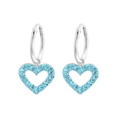 Children's Silver Hanging Heart Aqua Crystal Hoop Earrings