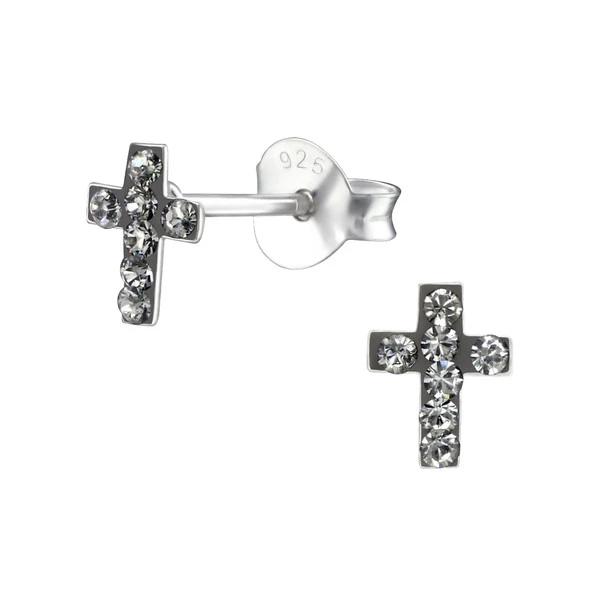 Kid's Silver Cross Ear Studs Swarovski Crystal Black Diamond