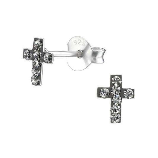 Kid's Silver Cross Ear Studs Swarovski Crystal Black Diamond