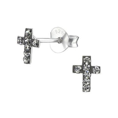 Kid's Silver Cross Ear Studs Swarovski Crystal Black Diamond