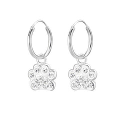 Children's Silver Crystal Hanging Paw Hoop Earrings