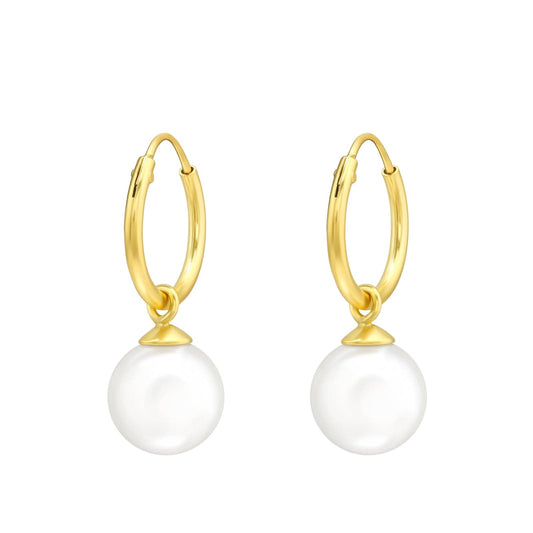 Gold White Pearl Hanging Hoop Earrings