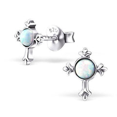 Silver Cross Opal Stud Earrings