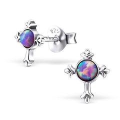 Silver Cross Opal Stud Earrings
