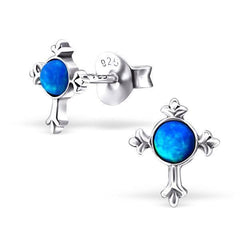 Silver Cross Opal Stud Earrings