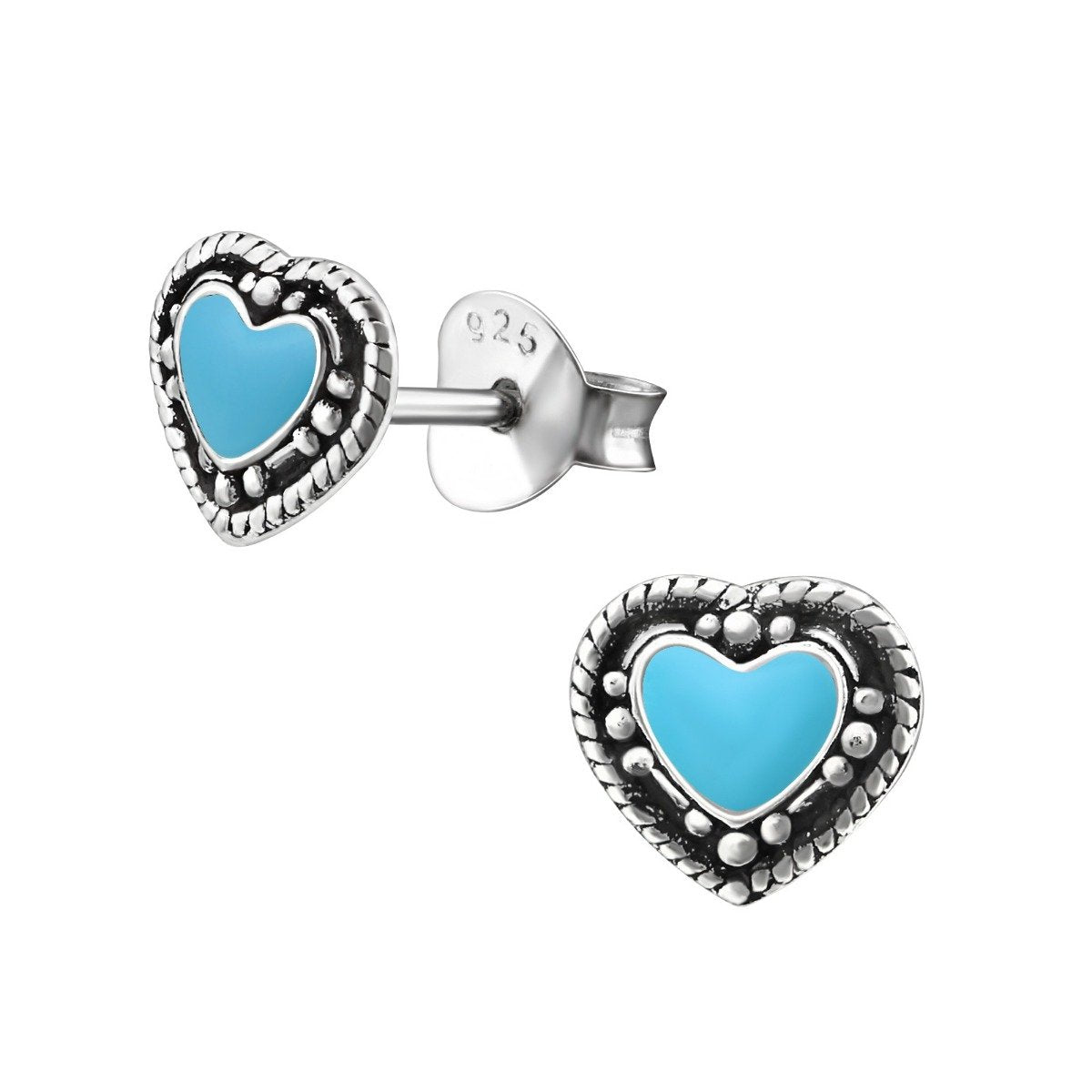Silver Heart Stud Earrings-Blue