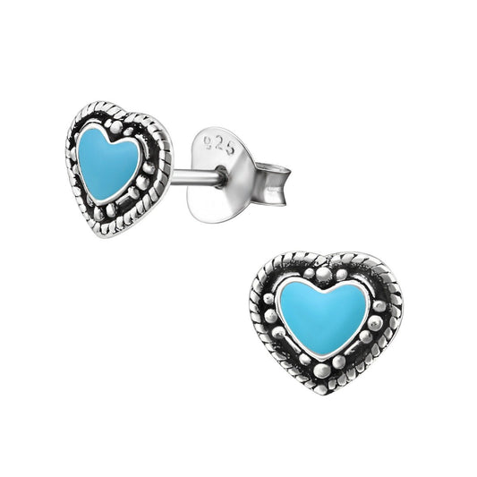 Silver Heart Stud Earrings-Blue
