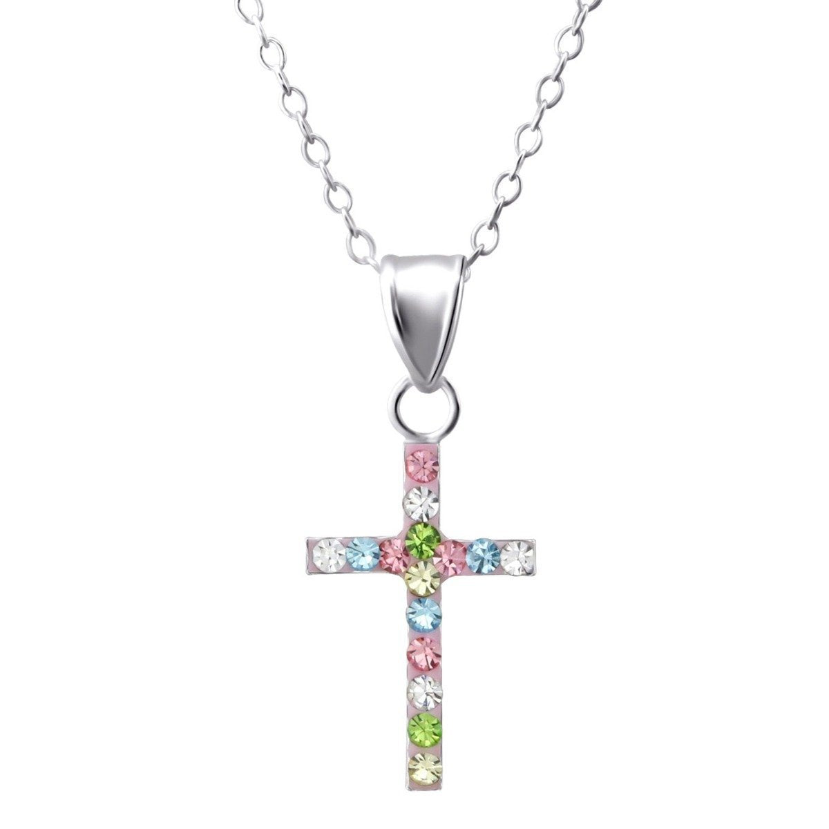 Childrens Multicolor Sterling Silver Cross Necklace