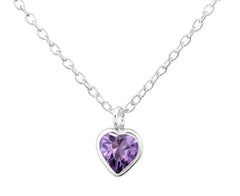 Children's Silver and CZ Amethyst Crystal Heart Necklace