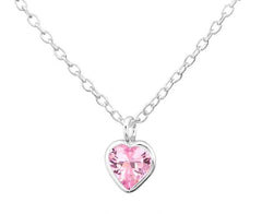 Children's Silver and CZ Amethyst , Pink & Crystal Heart Pendant Necklace