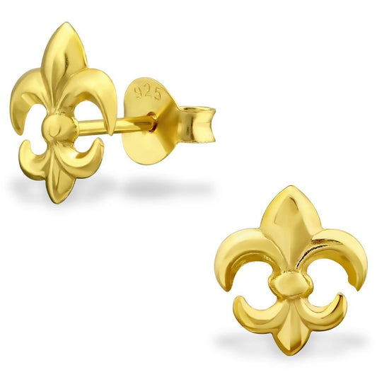 Sterling Silver Gold Plated Fleur De Lis Ear Studs