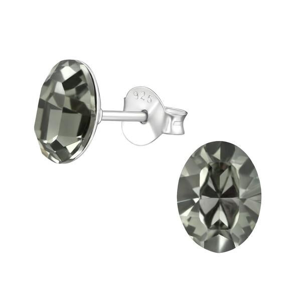 Silver Oval Black Diamond Stud Earrings with Swarovksi Crystal