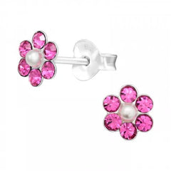 Children's Silver Pearl and Crystal Flower Stud Earrings