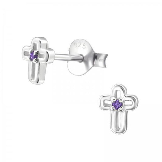 Silver Birthstone Cross Stud Earrings