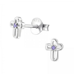 Silver Birthstone Cross Stud Earrings