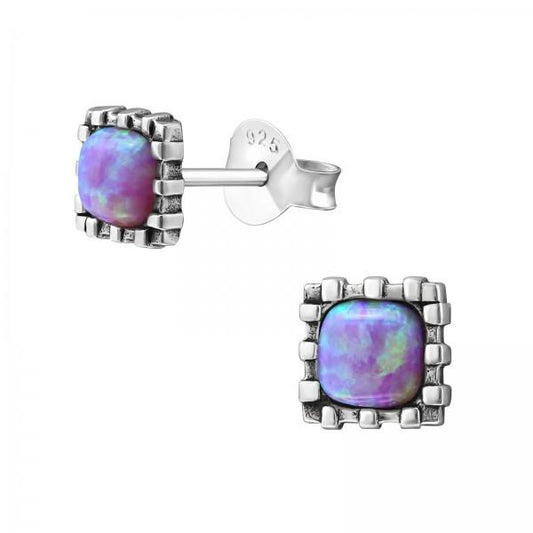 Silver Square Opal Stud Earrings