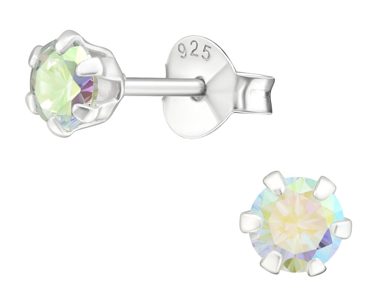 4mm Silver Round AB CZ Crystal Ear Studs