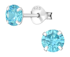 5mm Silver Birthstone CZ Sky Blue Ear Studs