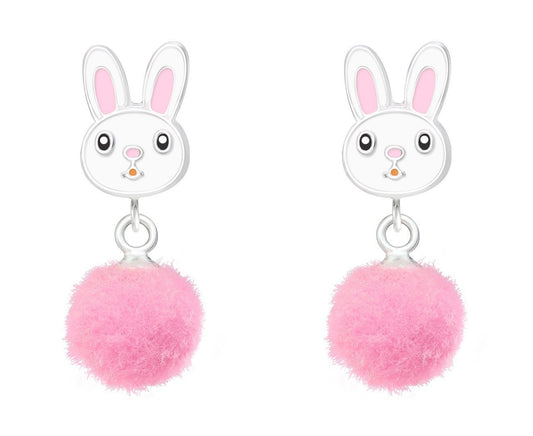 Children's Silver Rabbit Pom Pom Ear Studs