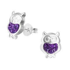 Children's Silver Amethyst Owl Crystal Ear Studs