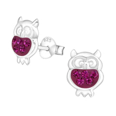 Children's Silver Fuchsia Owl Crystal Ear Studs