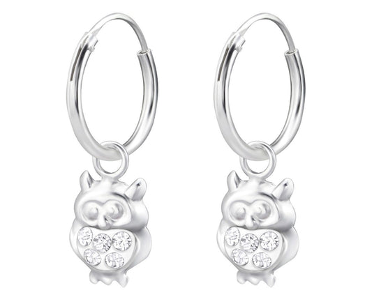 Children's Silver Hanging Owl Crystal Hoop Earrings
