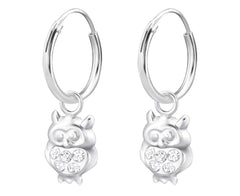 Children's Silver Hanging Owl Crystal Hoop Earrings