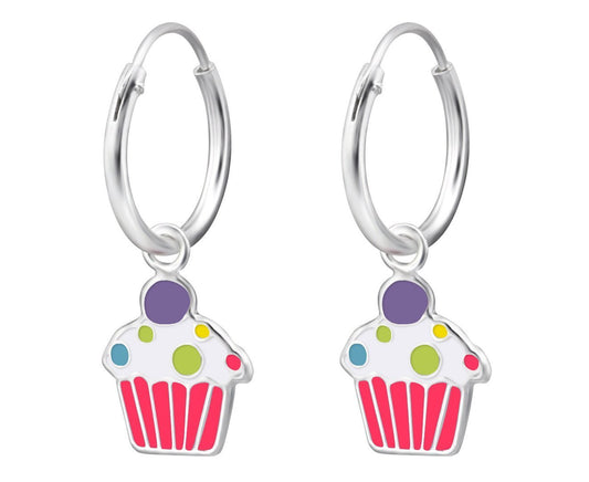 Children's Silver Hanging Cupcake Ear Hoops