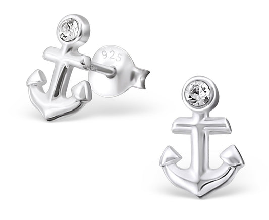 Sterling Silver Crystal Anchor Ear Studs