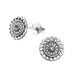 Sterling Silver Bali Round Crystal Ear Studs