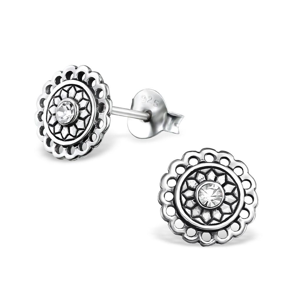 Sterling Silver Bali Round Crystal Ear Studs