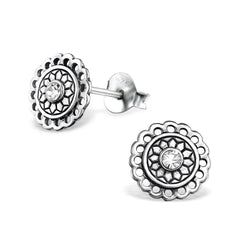 Sterling Silver Bali Round Crystal Ear Studs