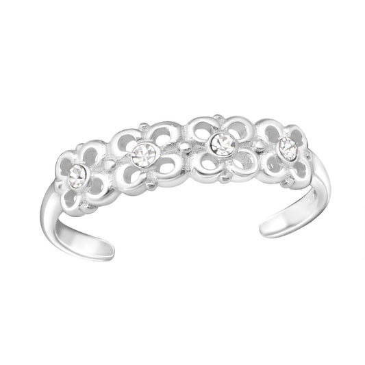 Sterling Silver Flowers Adjustable Crystal Toe Ring