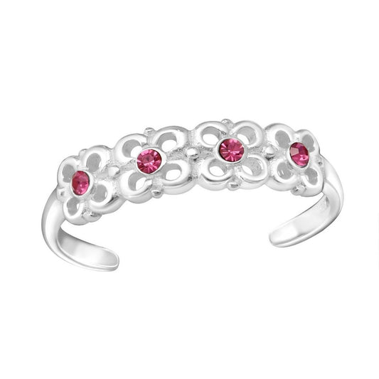 Sterling Silver Flowers Adjustable Crystal Toe Ring