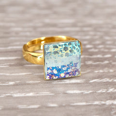 Chessboard 24K Gold White Patina Ring