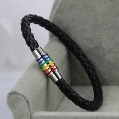 Black Braided Rainbow Leather Bracelet